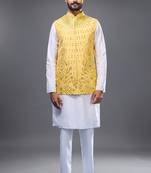 yellow mirror embroidered kurta jacket set for men