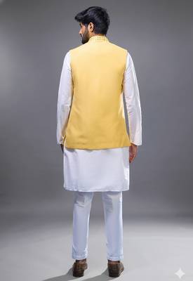 yellow mirror embroidered kurta jacket set for men 2