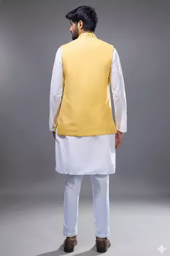 yellow mirror embroidered kurta jacket set for men