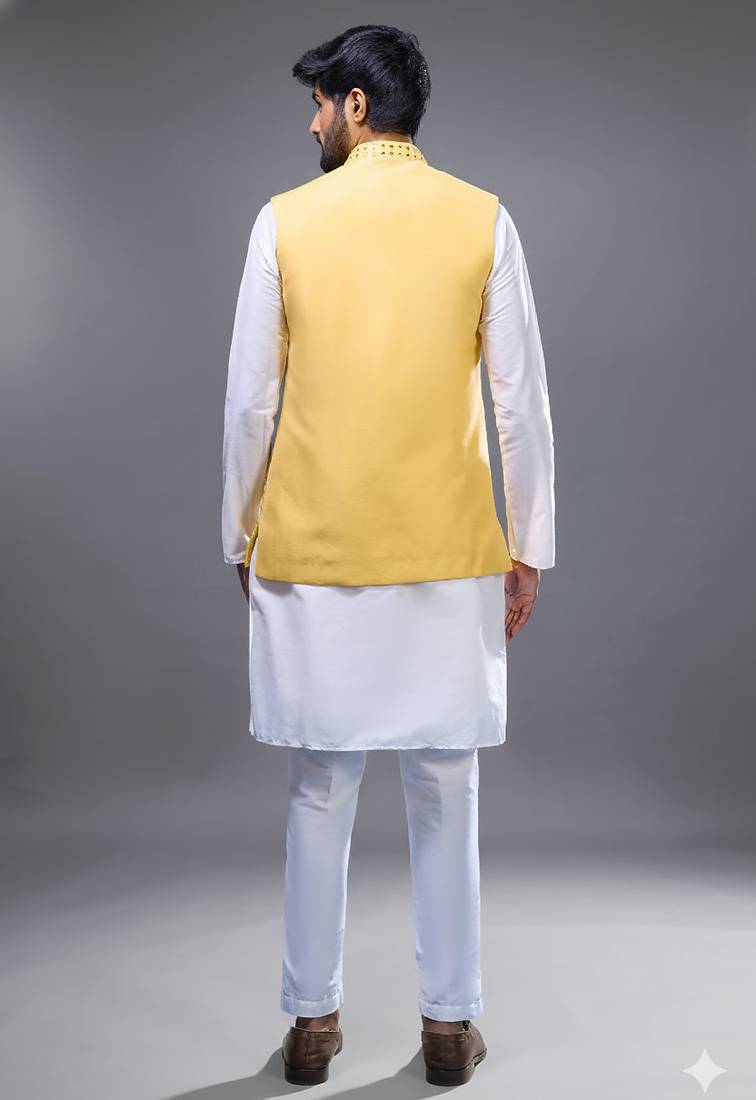yellow mirror embroidered kurta jacket set for men