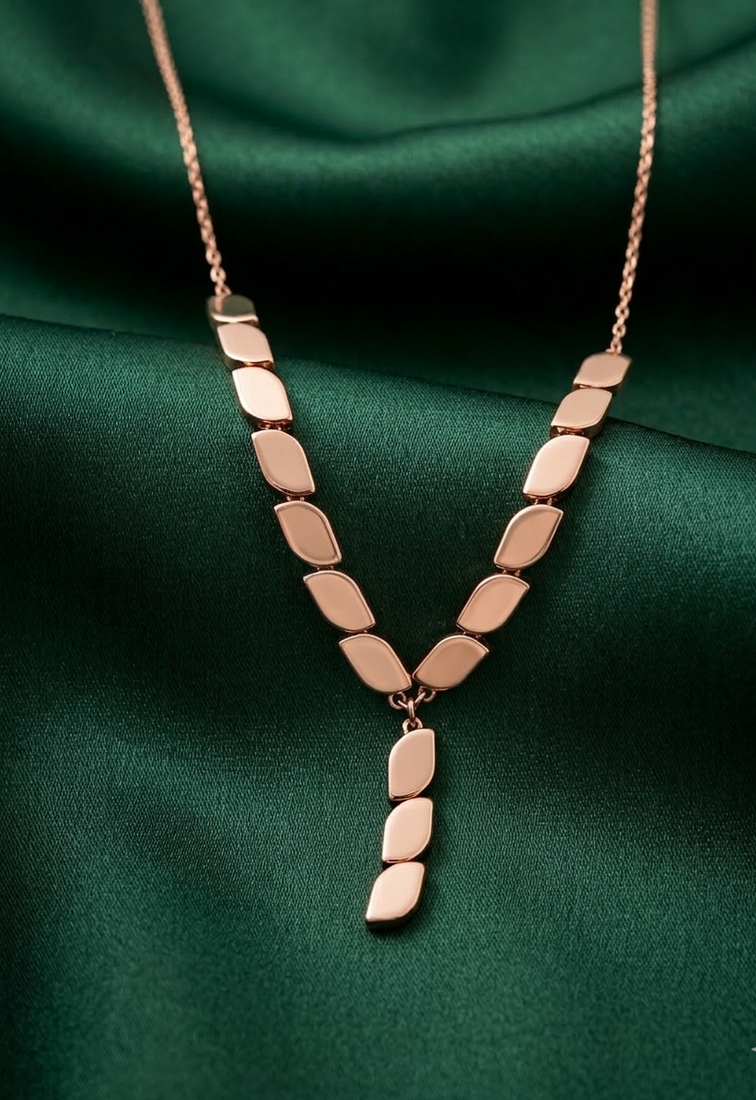 rose gold leaf link drop necklace in 925 sterling silver | elegant nature-inspired statement necklace for women