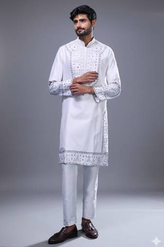 off white mirror embroidered silk kurta pant set