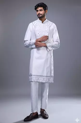 off white mirror embroidered silk kurta pant set