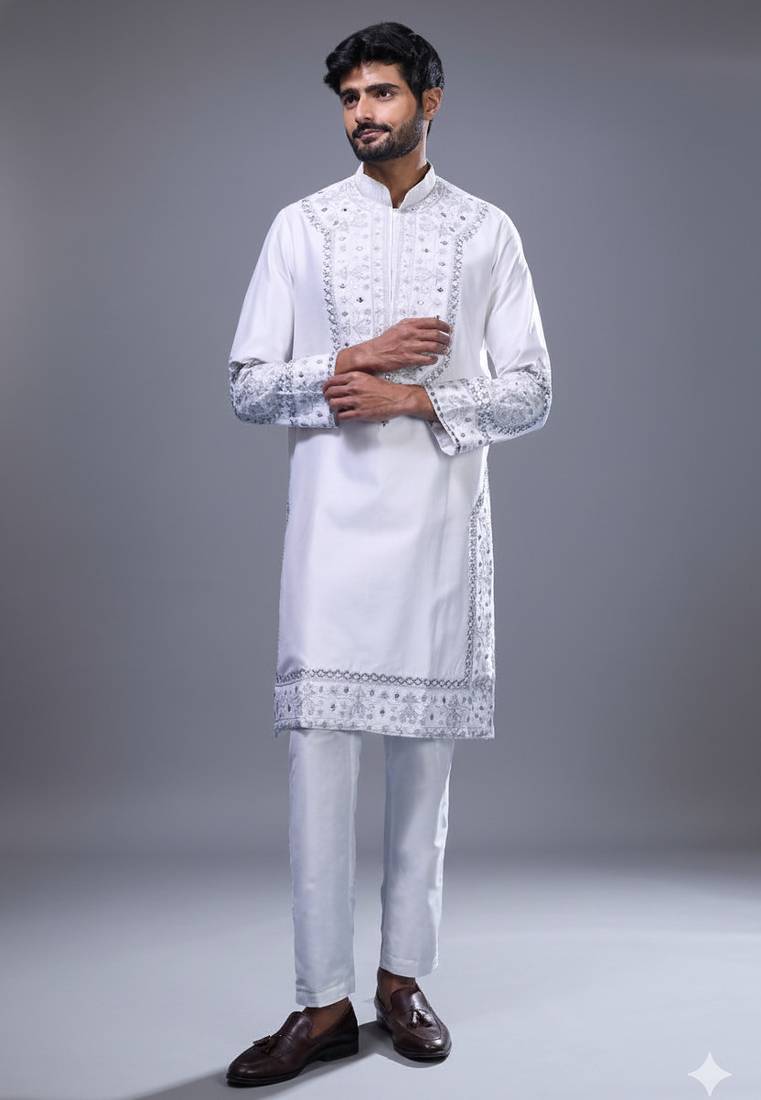 off white mirror embroidered silk kurta pant set