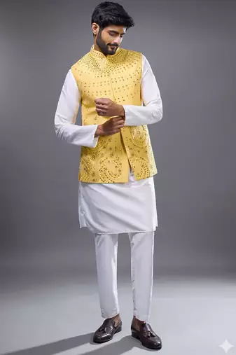 yellow mirror embroidered kurta jacket set for men