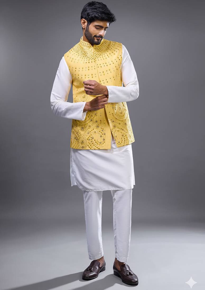 yellow mirror embroidered kurta jacket set for men