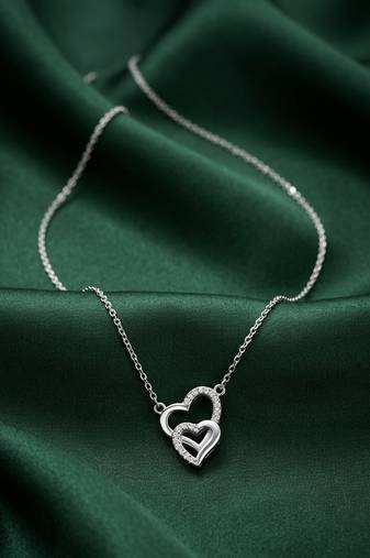 925 sterling silver double heart pendant necklace with sparkling finish for women