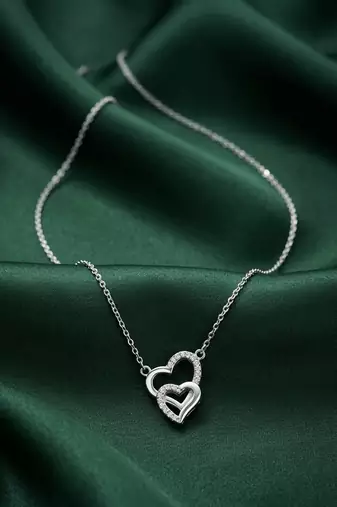 925 sterling silver double heart pendant necklace with sparkling finish for women