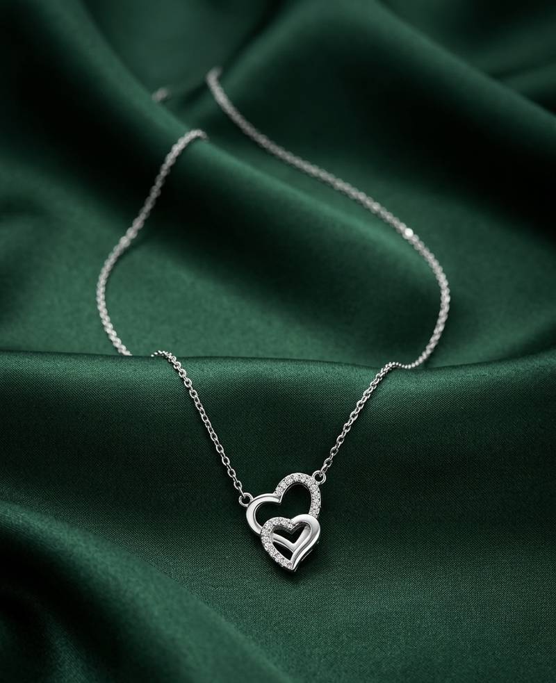 925 sterling silver double heart pendant necklace with sparkling finish for women
