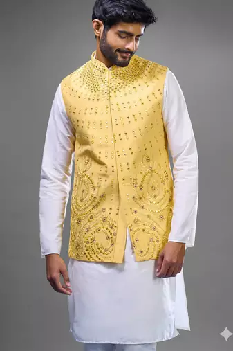 yellow mirror embroidered kurta jacket set for men