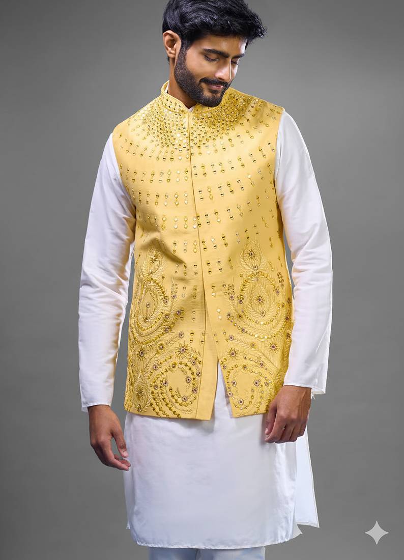 yellow mirror embroidered kurta jacket set for men
