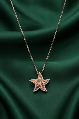 rose gold crystal star pendant necklace in 925 sterling silver | sparkling designer statement necklace for women