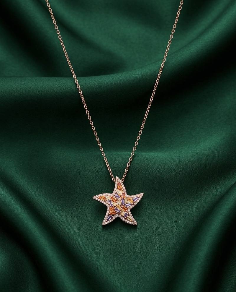 rose gold crystal star pendant necklace in 925 sterling silver | sparkling designer statement necklace for women