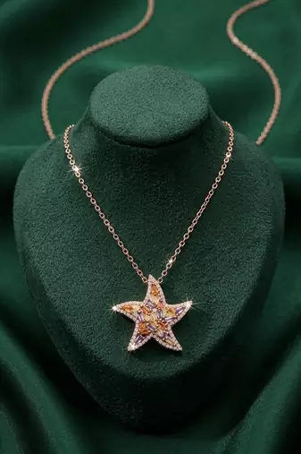 rose gold crystal star pendant necklace in 925 sterling silver | sparkling designer statement necklace for women