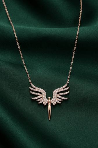 rose gold angel wings pendant necklace in 925 sterling silver | elegant crystal statement necklace for women