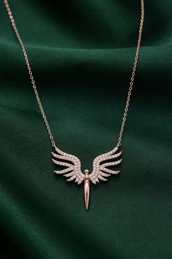 rose gold angel wings pendant necklace in 925 sterling silver | elegant crystal statement necklace for women