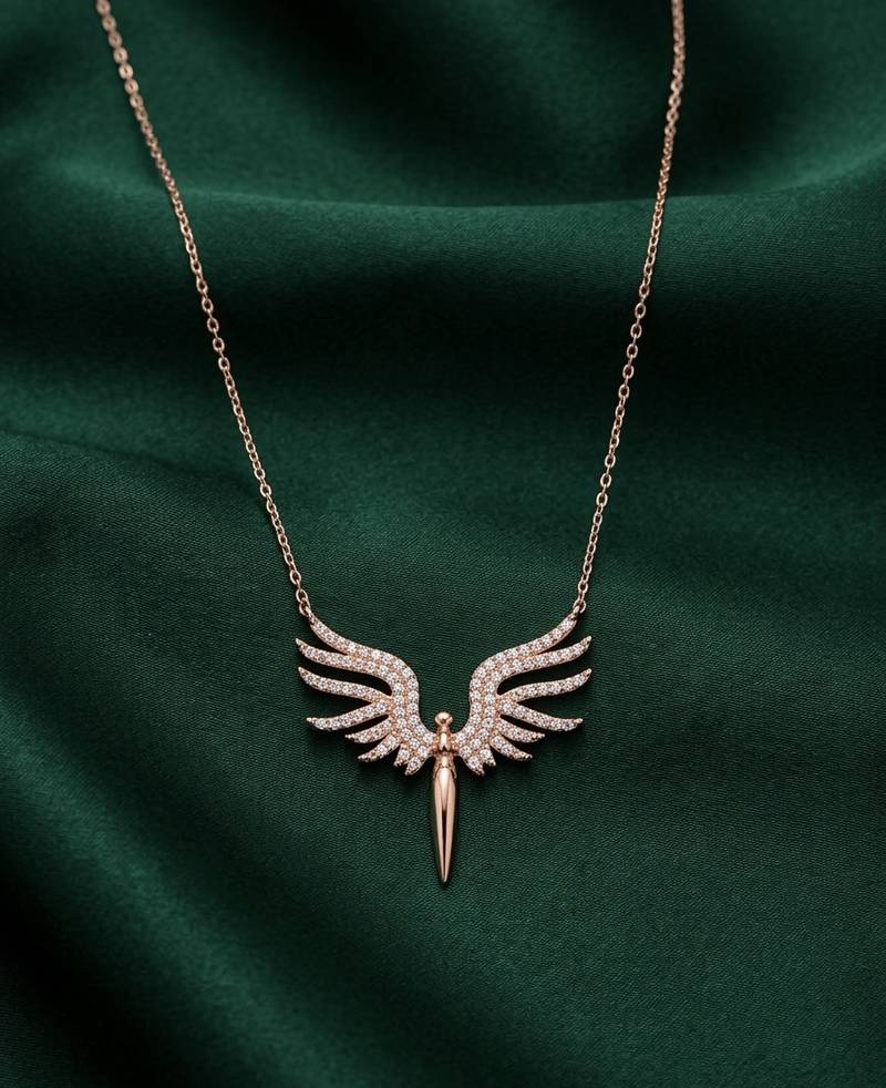 rose gold angel wings pendant necklace in 925 sterling silver | elegant crystal statement necklace for women