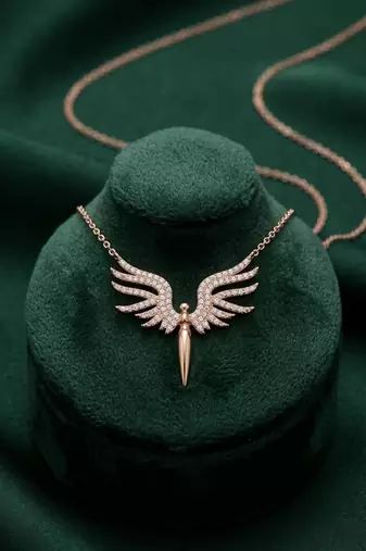 rose gold angel wings pendant necklace in 925 sterling silver | elegant crystal statement necklace for women