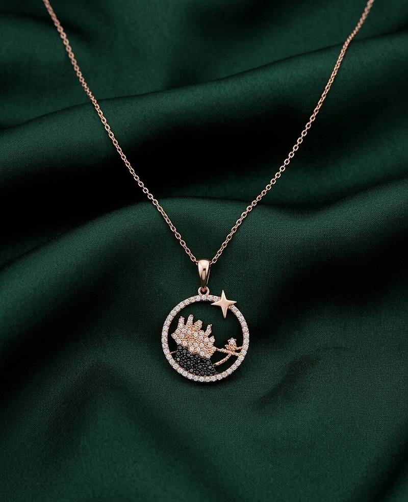 rose gold artistic star circle pendant necklace in 925 sterling silver | elegant designer statement necklace for women