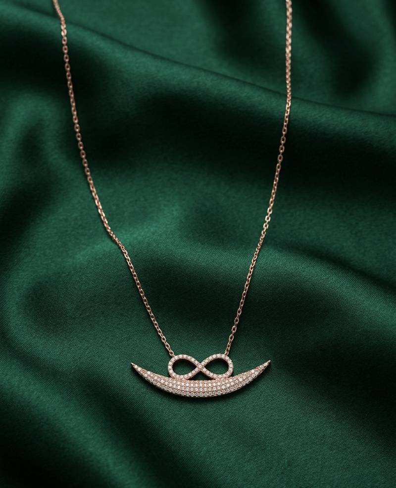 rose gold infinity curve pendant necklace in 925 sterling silver | elegant minimal crystal necklace for women
