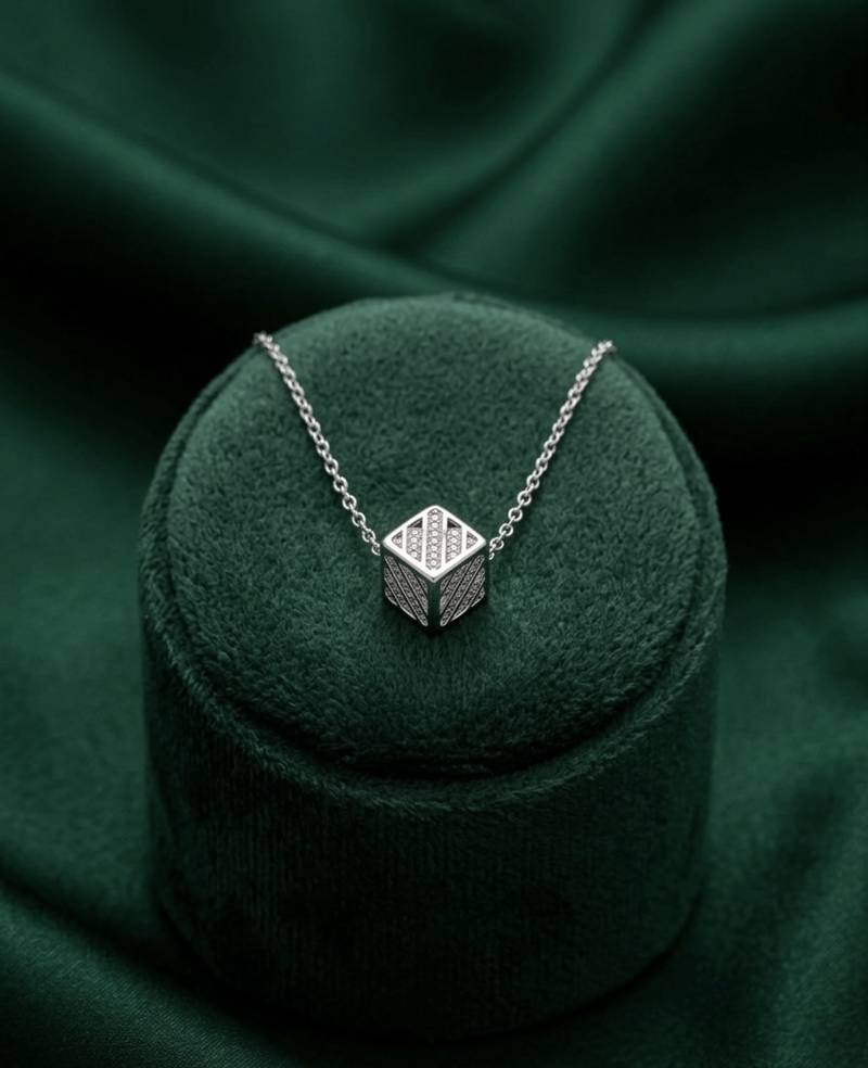 925 sterling silver geometric cube pendant necklace with textured design for women