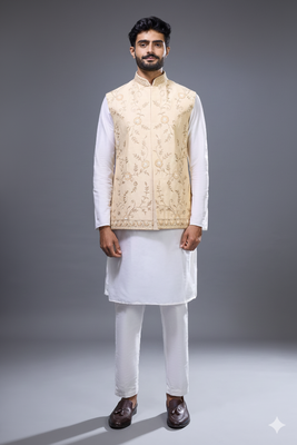 cream embroidered kurta jacket set for men 1