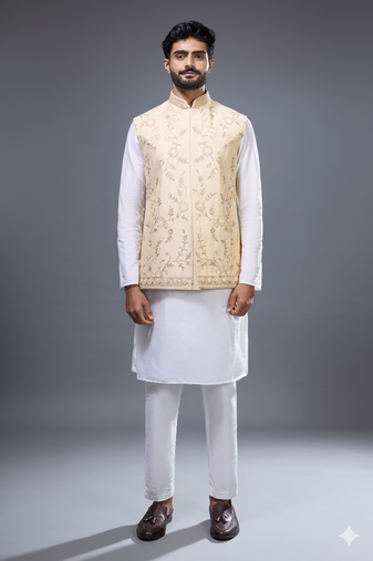 cream embroidered kurta jacket set for men