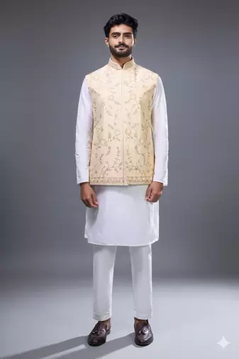 cream embroidered kurta jacket set for men
