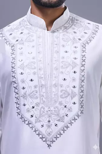 off white mirror embroidered silk kurta pant set