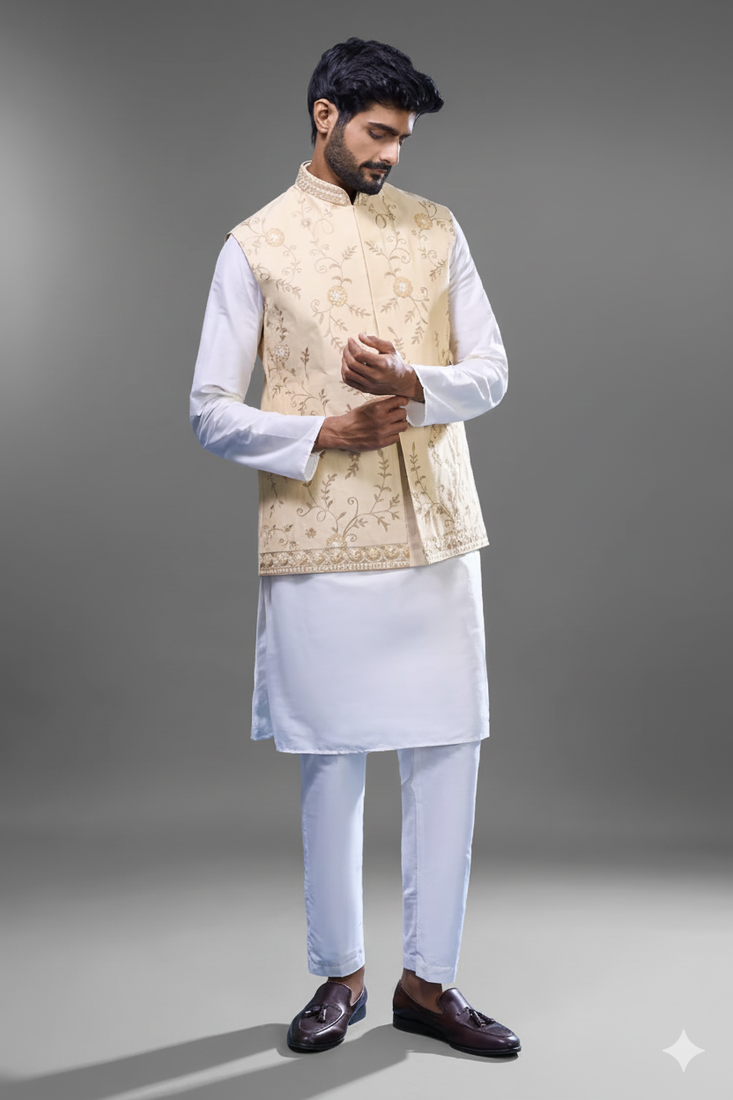 cream embroidered kurta jacket set for men