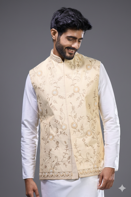 cream embroidered kurta jacket set for men 3