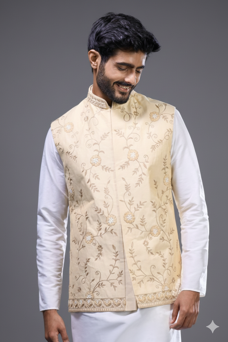 cream embroidered kurta jacket set for men