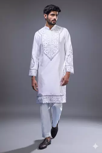 off white mirror embroidered silk kurta pant set