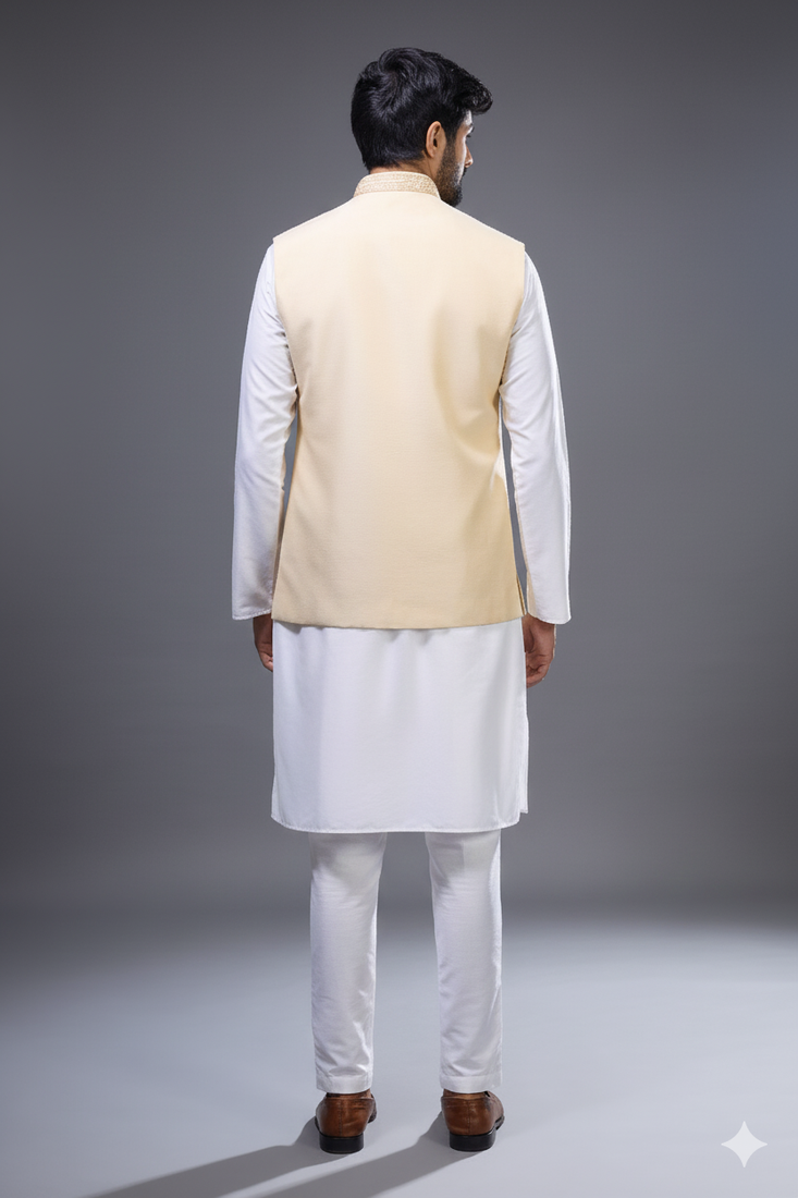 cream embroidered kurta jacket set for men