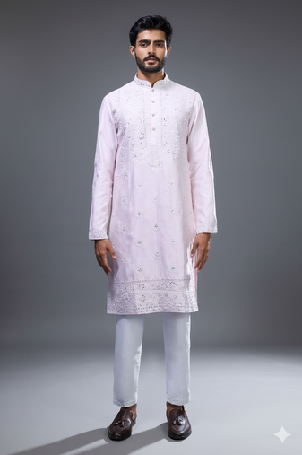 light pink mirror embroidered silk kurta pant set