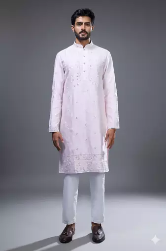 light pink mirror embroidered silk kurta pant set