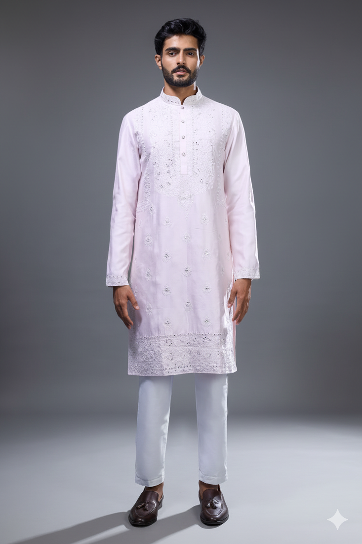 light pink mirror embroidered silk kurta pant set