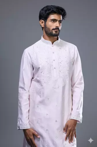 light pink mirror embroidered silk kurta pant set