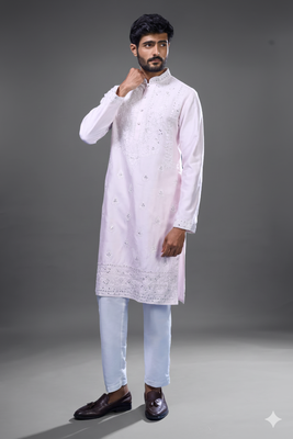 light pink mirror embroidered silk kurta pant set 4