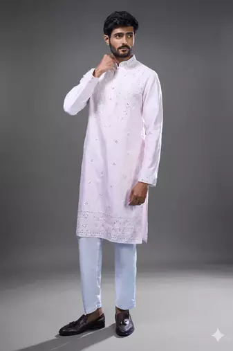 light pink mirror embroidered silk kurta pant set