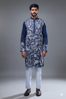 navy blue floral embroidered silk kurta pant set 1