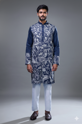 navy blue floral embroidered silk kurta pant set