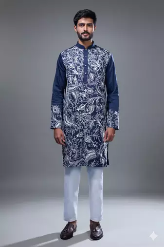 navy blue floral embroidered silk kurta pant set