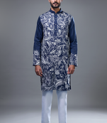 navy blue floral embroidered silk kurta pant set