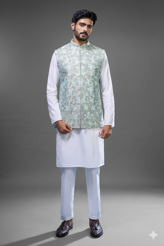 pista green embroidered silk nehru jacket kurta set
