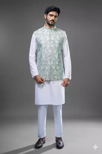 pista green embroidered silk nehru jacket kurta set