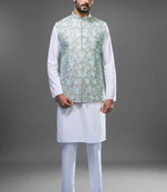pista green embroidered silk nehru jacket kurta set