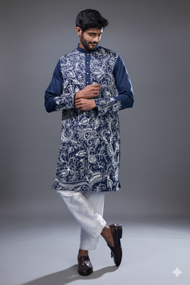 navy blue floral embroidered silk kurta pant set 2