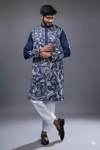 navy blue floral embroidered silk kurta pant set