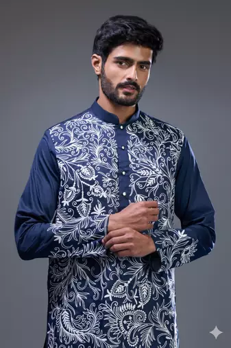 navy blue floral embroidered silk kurta pant set